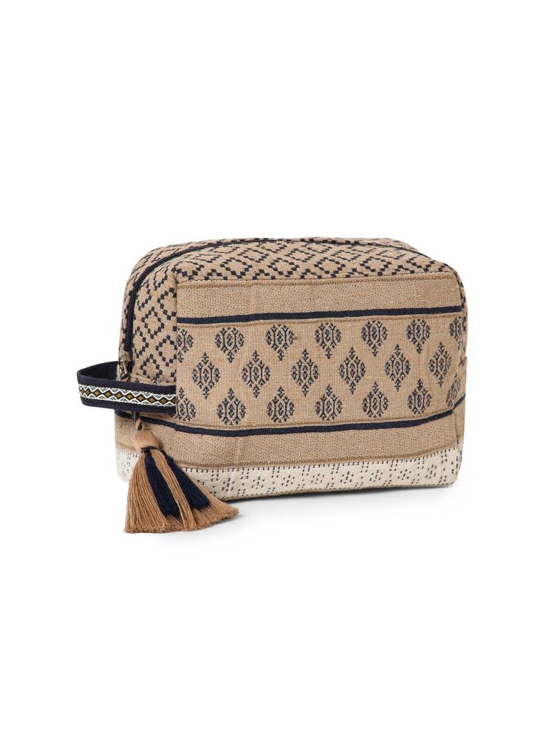 tribal beige & navy cotton canvas tribal jacquard travel pouch