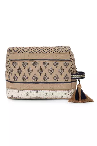 tribal beige & navy cotton canvas tribal jacquard travel pouch