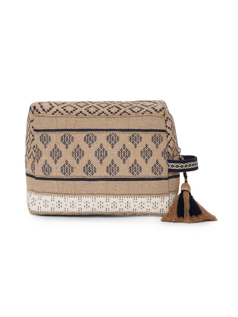 tribal beige & navy cotton canvas tribal jacquard travel pouch