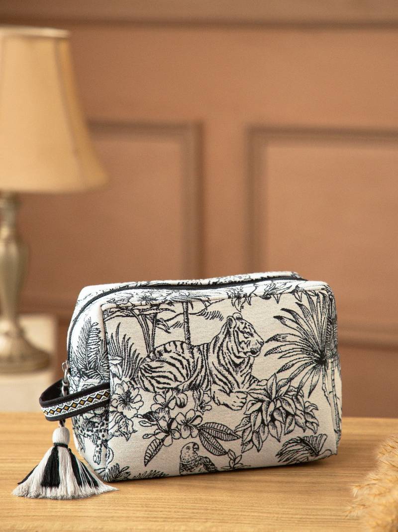 tribal natural & black cotton canvas toile jacquard travel pouch