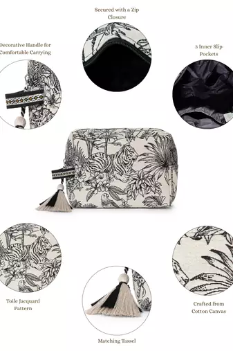 tribal natural & black cotton canvas toile jacquard travel pouch
