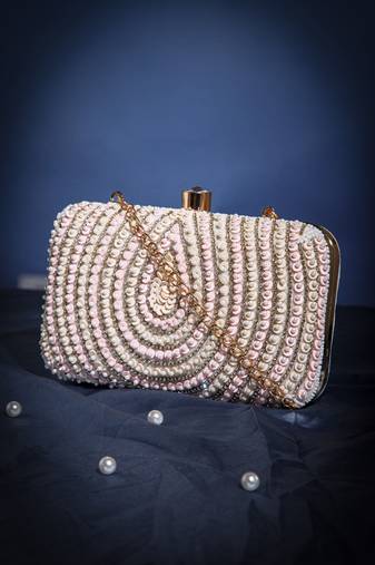 glided gleam ivory, blush pink & gold teardrop embellished velvet clutch
