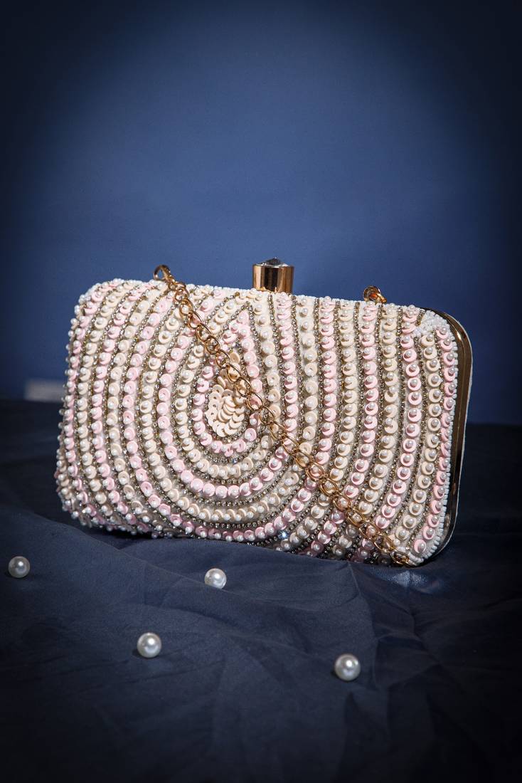 glided gleam ivory, blush pink & gold teardrop embellished velvet clutch