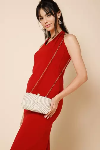 glided gleam ivory, blush pink & gold teardrop embellished velvet clutch