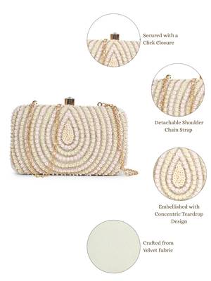 glided gleam ivory, blush pink & gold teardrop embellished velvet clutch 4