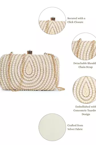 glided gleam ivory, blush pink & gold teardrop embellished velvet clutch
