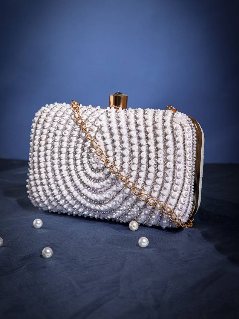 glided gleam white & silver teardrop embellished velvet clutch