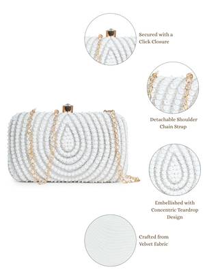 glided gleam white & silver teardrop embellished velvet clutch 4