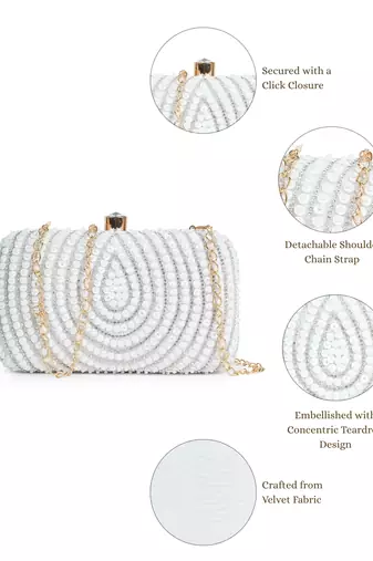 glided gleam white & silver teardrop embellished velvet clutch