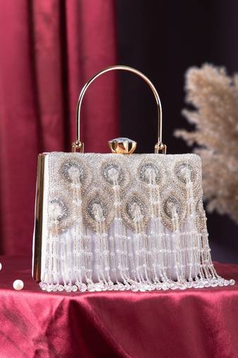 crystal cascade white & silver beaded velvet clutch