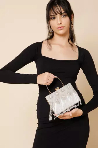 crystal cascade white & silver beaded velvet clutch