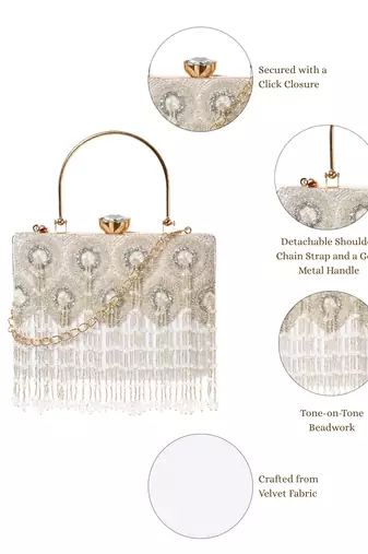 crystal cascade white & silver beaded velvet clutch