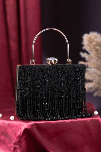 crystal cascade black & gold beaded velvet clutch
