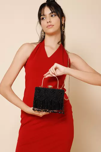crystal cascade black & gold beaded velvet clutch