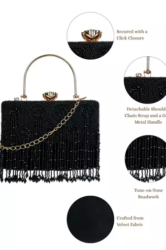 crystal cascade black & gold beaded velvet clutch