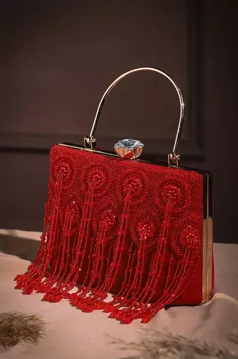 crystal cascade crimson red & gold beaded velvet clutch