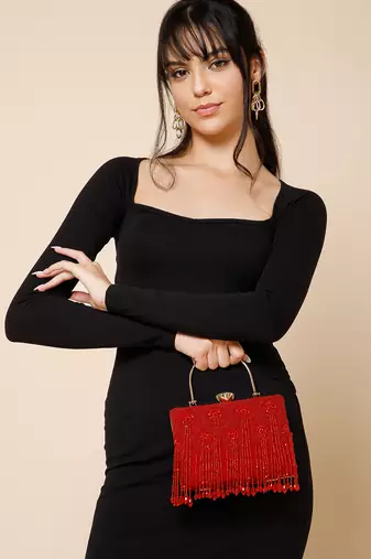 crystal cascade crimson red & gold beaded velvet clutch