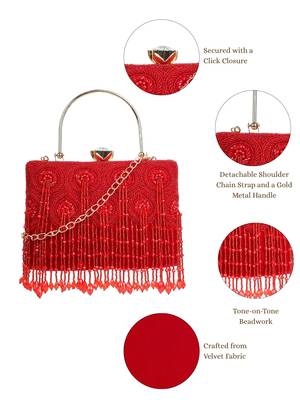 crystal cascade crimson red & gold beaded velvet clutch 4