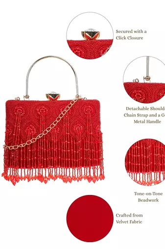 crystal cascade crimson red & gold beaded velvet clutch