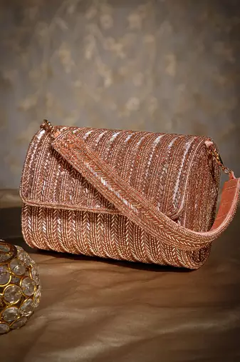 crystal cascade dusty pink & gold chevron beaded faux silk clutch