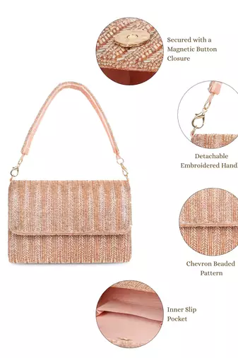 crystal cascade dusty pink & gold chevron beaded faux silk clutch