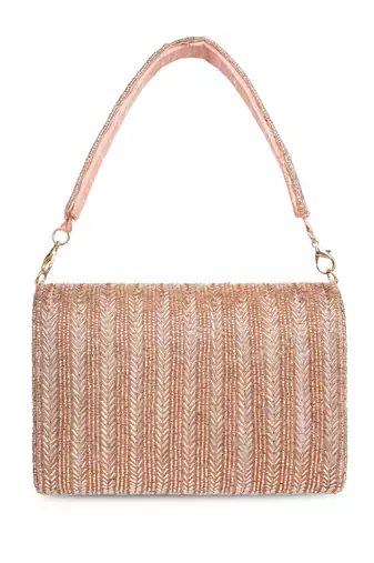 crystal cascade dusty pink & gold chevron beaded faux silk clutch
