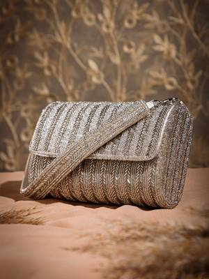 crystal cascade silver chevron beaded faux silk clutch 1