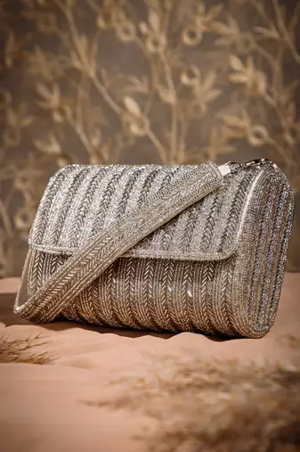 crystal cascade silver chevron beaded faux silk clutch