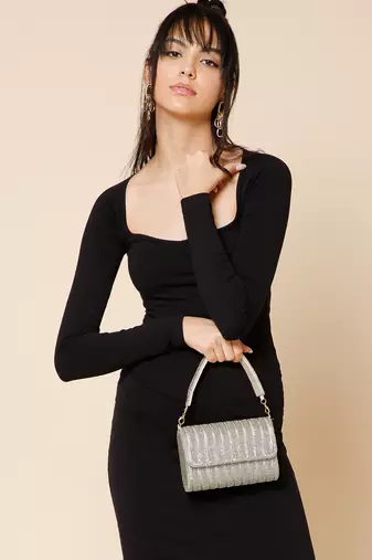 crystal cascade silver chevron beaded faux silk clutch