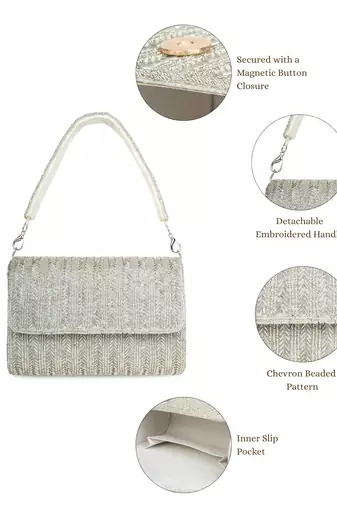 crystal cascade silver chevron beaded faux silk clutch