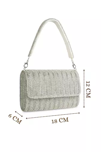 crystal cascade silver chevron beaded faux silk clutch