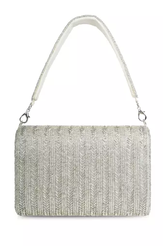 crystal cascade silver chevron beaded faux silk clutch