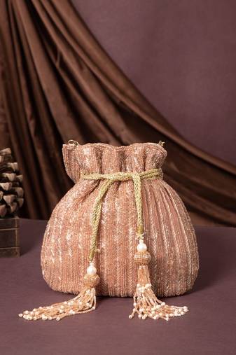crystal cascade dusty pink & gold chevron beaded faux silk potli