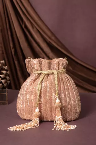 crystal cascade dusty pink & gold chevron beaded faux silk potli