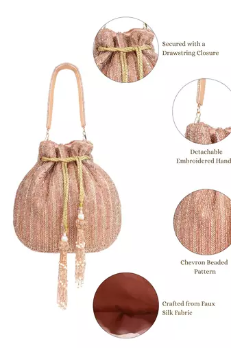 crystal cascade dusty pink & gold chevron beaded faux silk potli