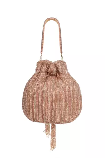 crystal cascade dusty pink & gold chevron beaded faux silk potli