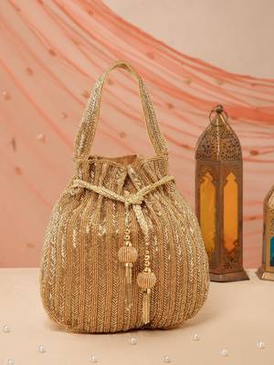 crystal cascade antique gold chevron beaded faux silk potli 3