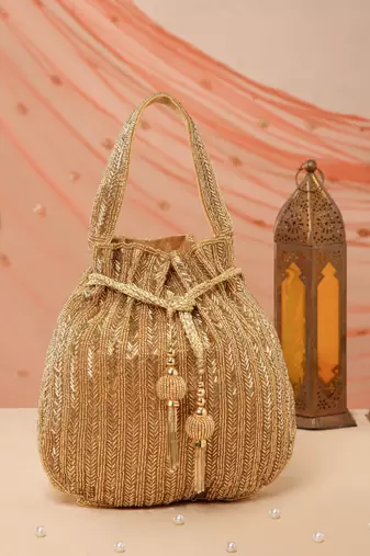 crystal cascade antique gold chevron beaded faux silk potli
