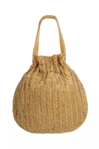 crystal cascade antique gold chevron beaded faux silk potli