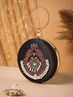 glided gleam black, pearl & multi peacock embroidered faux silk clutch 1