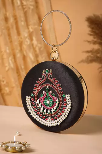 glided gleam black, pearl & multi peacock embroidered faux silk clutch