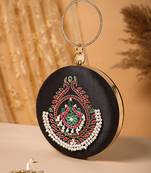 glided gleam black, pearl & multi peacock embroidered faux silk clutch