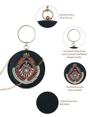 glided gleam black, pearl & multi peacock embroidered faux silk clutch 4