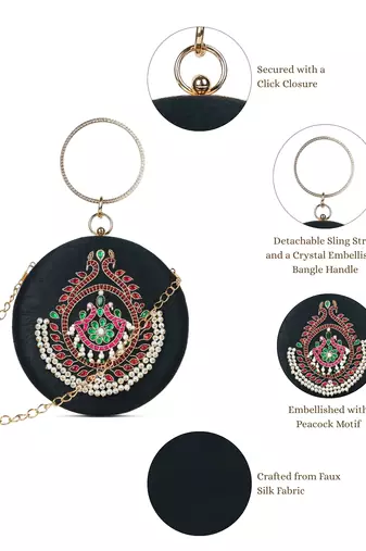 glided gleam black, pearl & multi peacock embroidered faux silk clutch