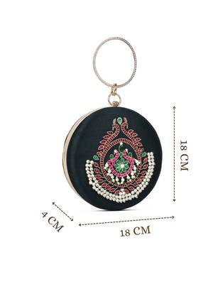 glided gleam black, pearl & multi peacock embroidered faux silk clutch 5