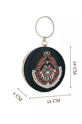 glided gleam black, pearl & multi peacock embroidered faux silk clutch