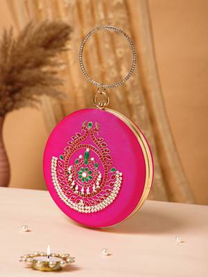 glided gleam magenta, pearl & multi peacock embroidered faux silk clutch 1