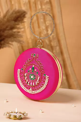 glided gleam magenta, pearl & multi peacock embroidered faux silk clutch