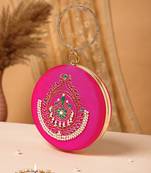 glided gleam magenta, pearl & multi peacock embroidered faux silk clutch