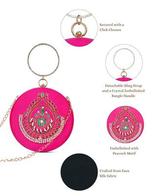 glided gleam magenta, pearl & multi peacock embroidered faux silk clutch 4